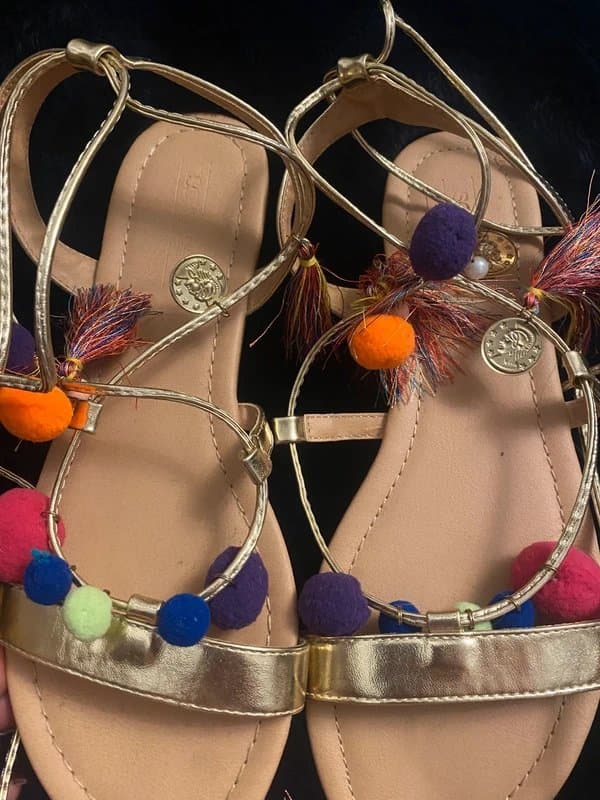 ASOS Boho PomPom Bundle Gold Sandals uk7 Bag, Earrings