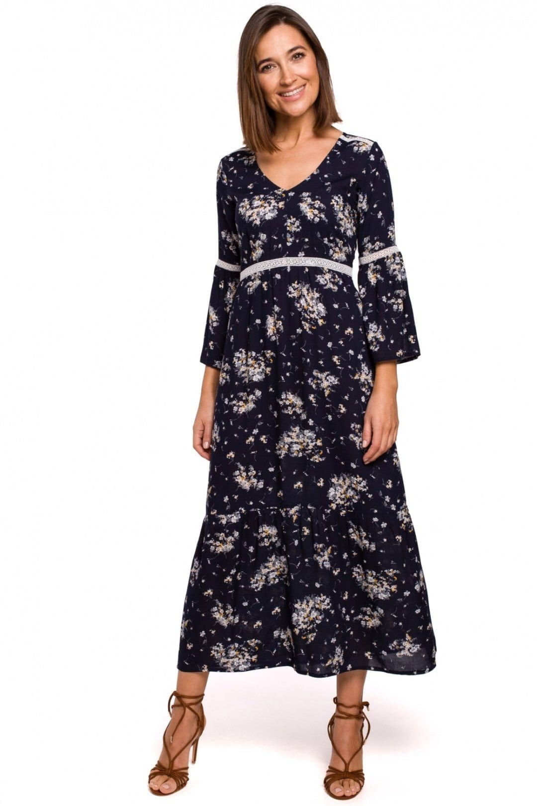 Love Lace Blue Floral Boho Maxi Dress with Lace Details