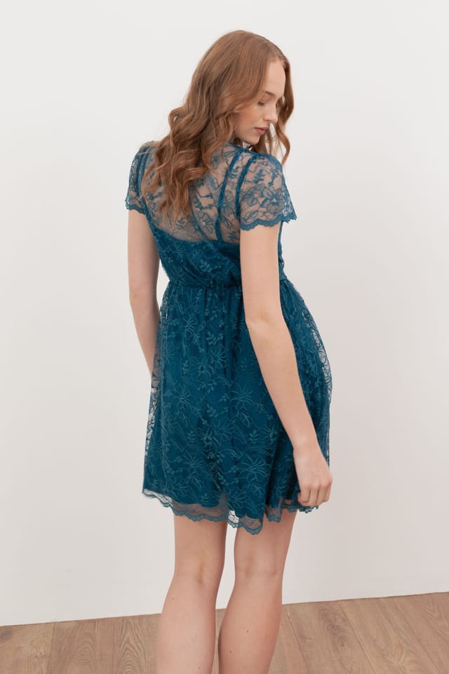 Lovedrobe Lovedrobe Women's Floral Lace Short Sleeve Mini Dress in Teal - 2