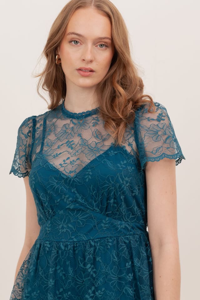Lovedrobe Lovedrobe Women's Floral Lace Short Sleeve Mini Dress in Teal - 3