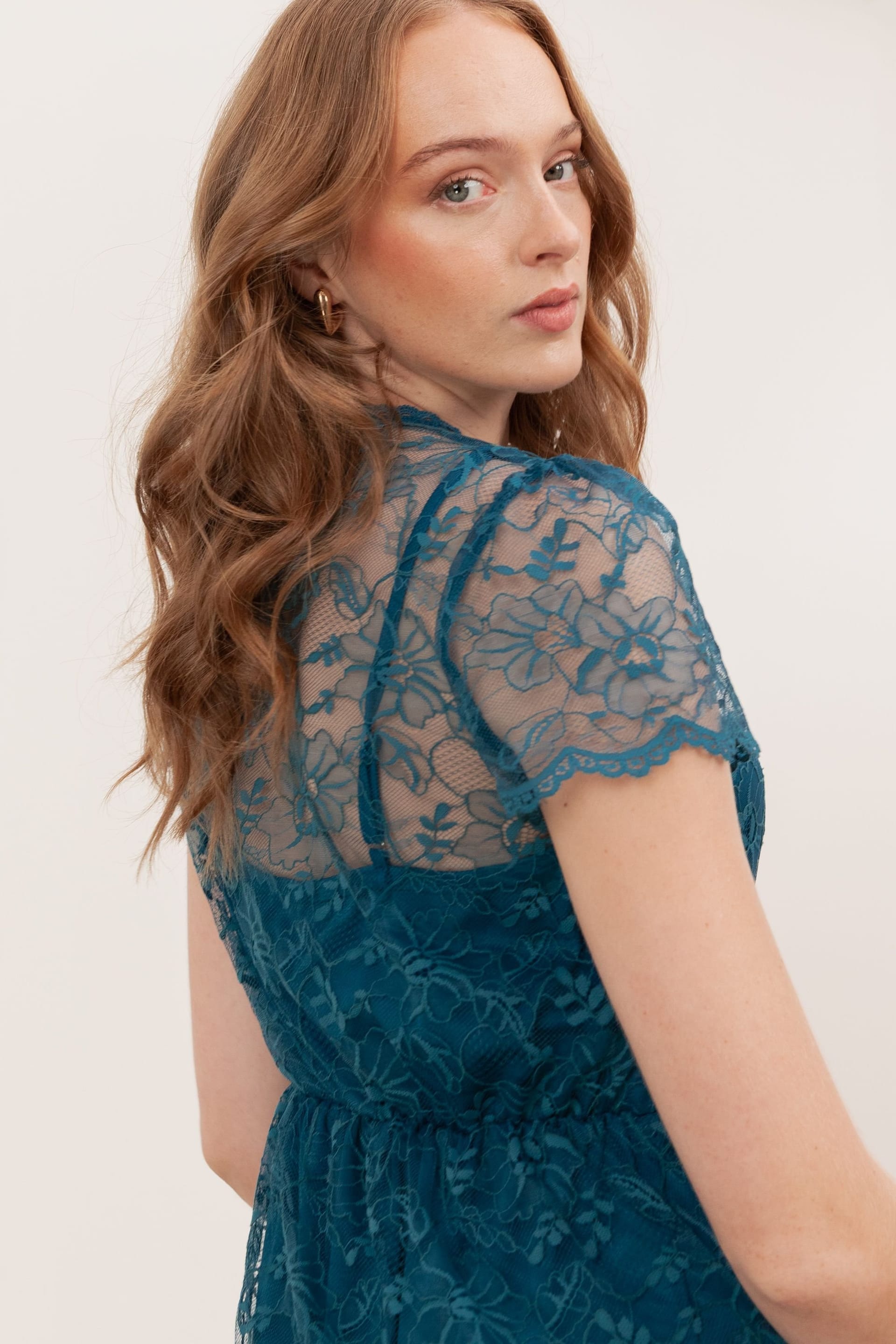 Lovedrobe Lovedrobe Women's Floral Lace Short Sleeve Mini Dress in Teal - 4