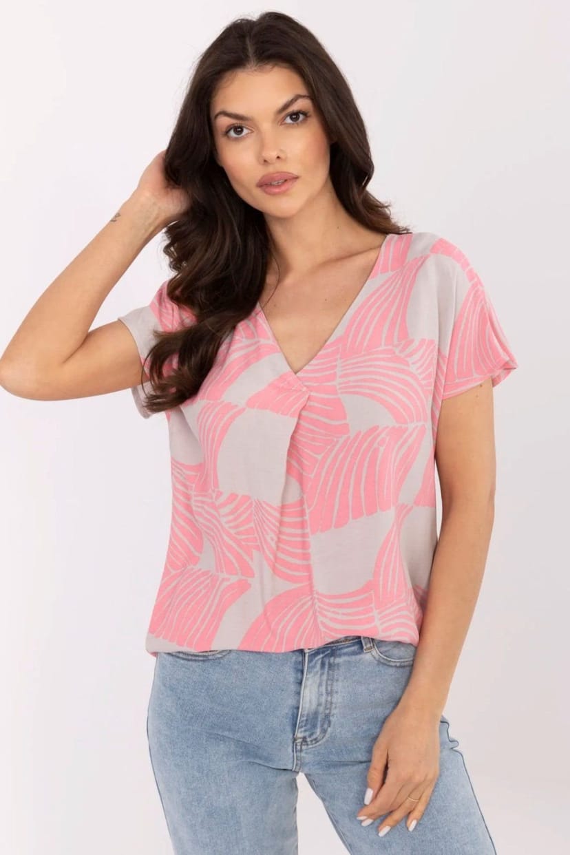 Love Lace Love Lace Women's V Neck Viscose Casual Blouse Short Sleeve Style 211847 in Pink - 1