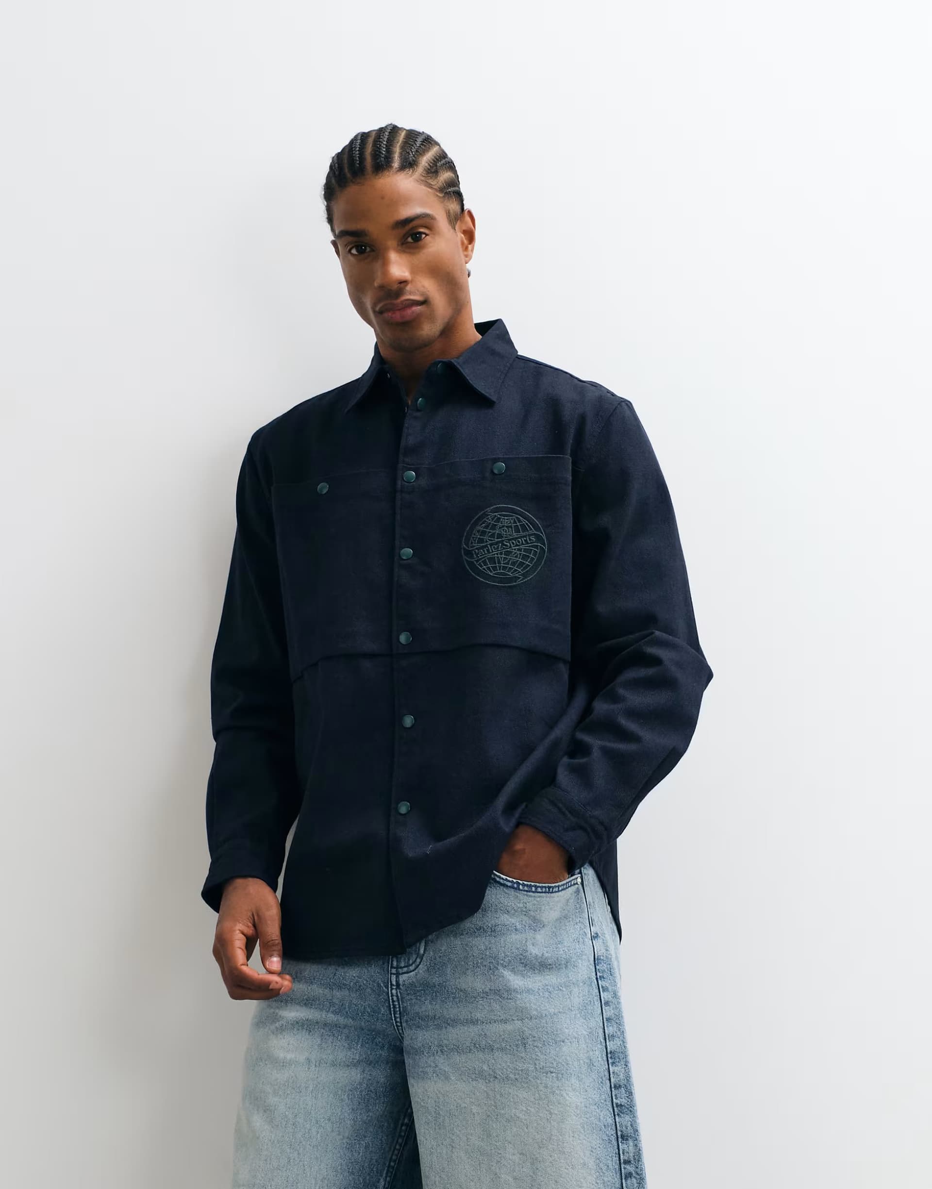 ASOS Parlez embroidered logo shirt with patch pocket print in navy