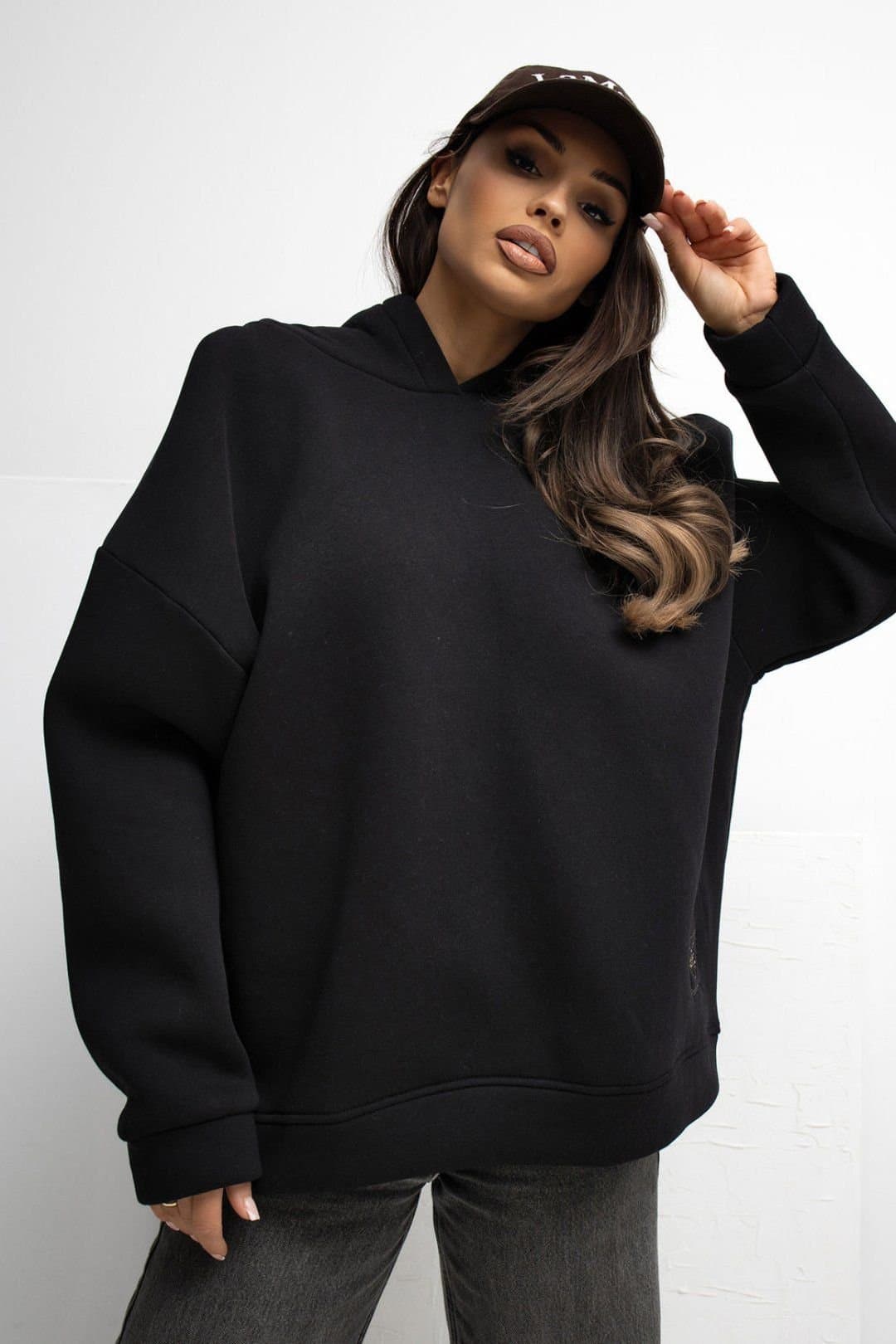 Love Lace Love Lace Women's Loose Hooded Cotton Elastane Pullover Top in Black