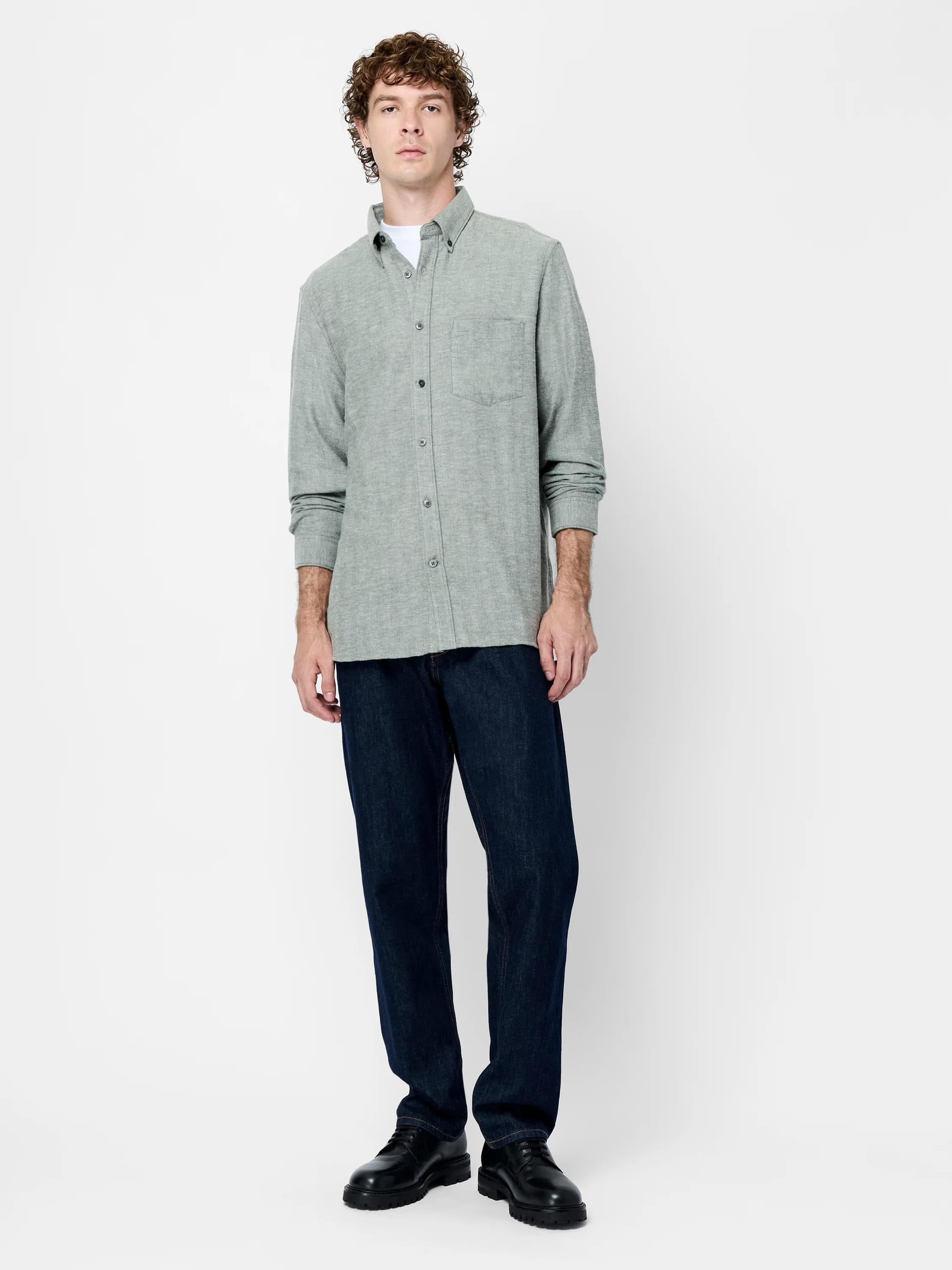 French Connection Khaki Herringbone Flannel Long Sleeve Shirt Khaki / Light Grey
