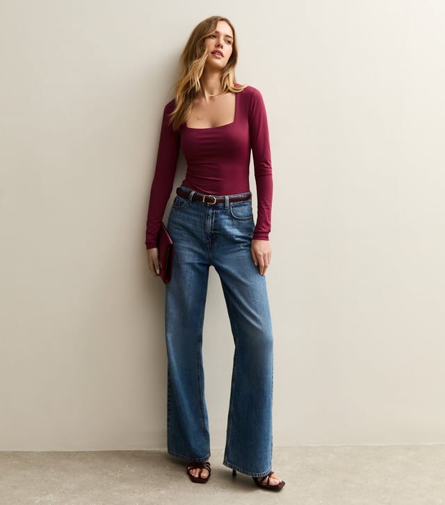 New Look Women's Light Burgundy Slinky Square Neck Long Sleeve Bodysuit New Look - 2