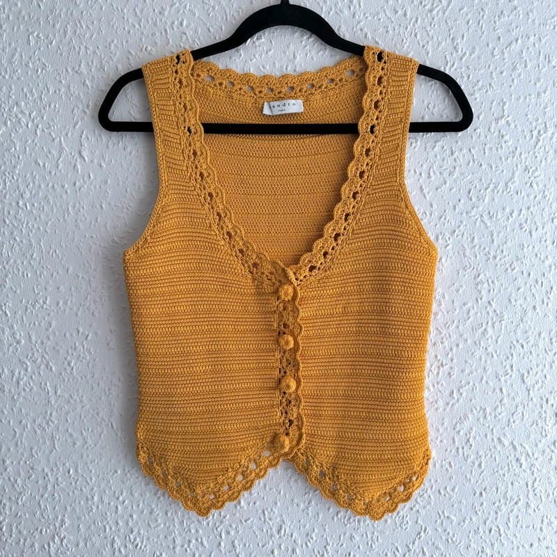Sandro Women's Sandro Mustard Yellow Scalloped-Trim Crochet Waistcoat Vest