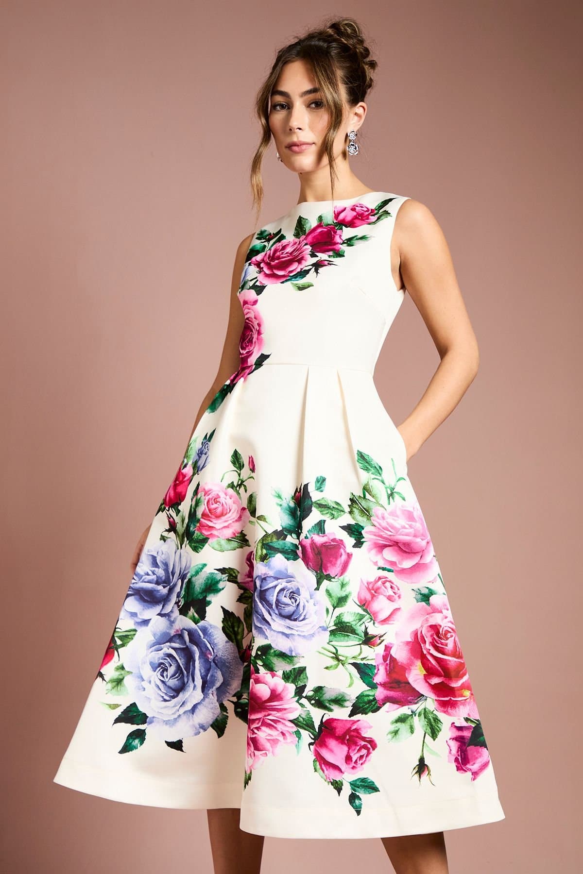 Coast Coast Women's Pocket Structured Satin Placement Print Midi Dress in Ivory