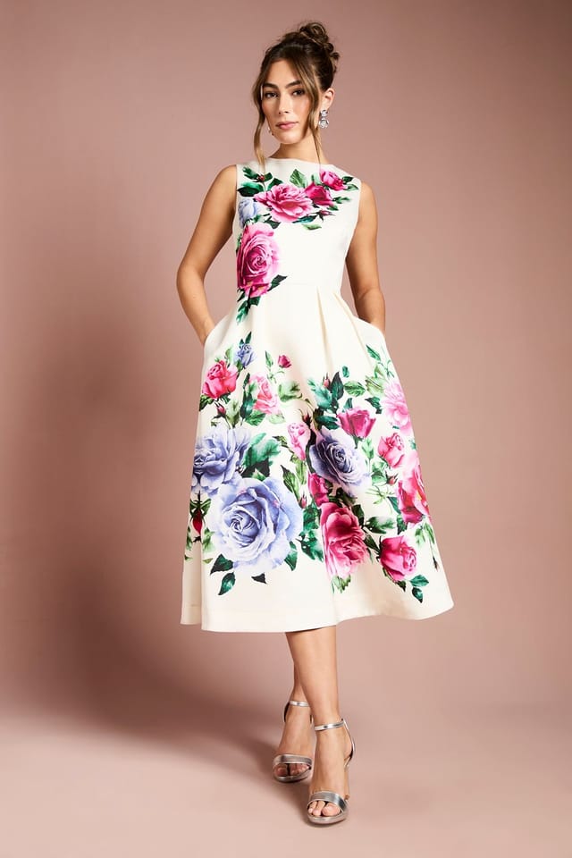 Coast Coast Women's Pocket Structured Satin Placement Print Midi Dress in Ivory - 2