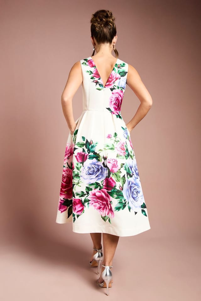 Coast Coast Women's Pocket Structured Satin Placement Print Midi Dress in Ivory - 3