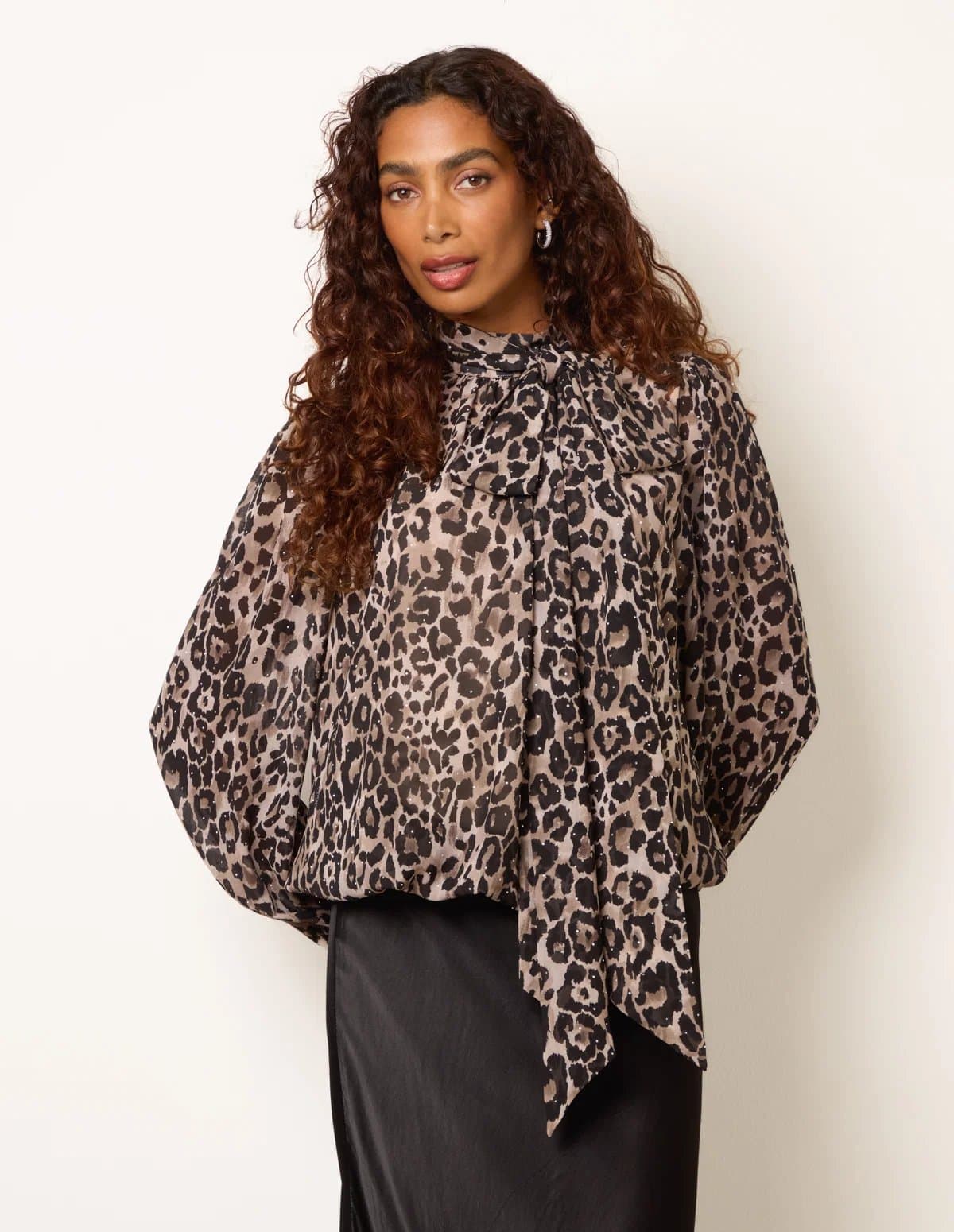 Blue Vanilla Leopard Diamante Tie Neck Puffball Blouse