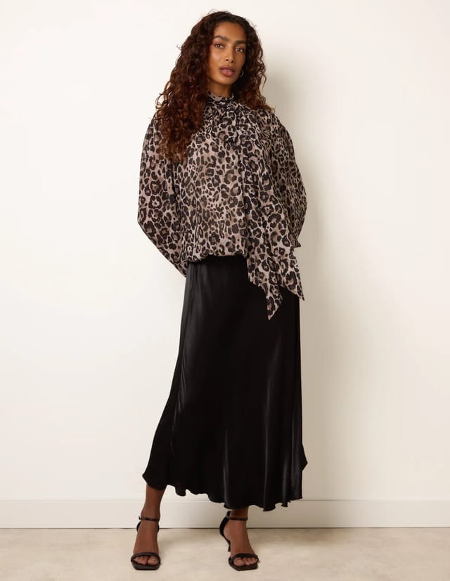 Blue Vanilla Leopard Diamante Tie Neck Puffball Blouse - 3