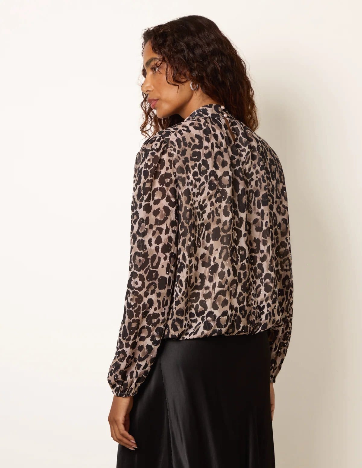 Blue Vanilla Leopard Diamante Tie Neck Puffball Blouse - 4