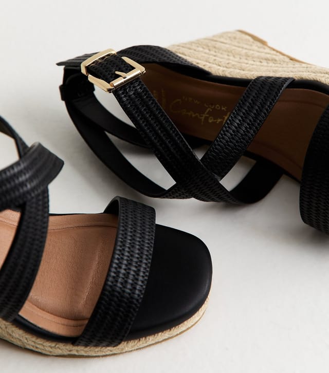 New Look Women's Wide Fit Black Textured Faux Leather Wedge Sandals Vegan New Look - 3