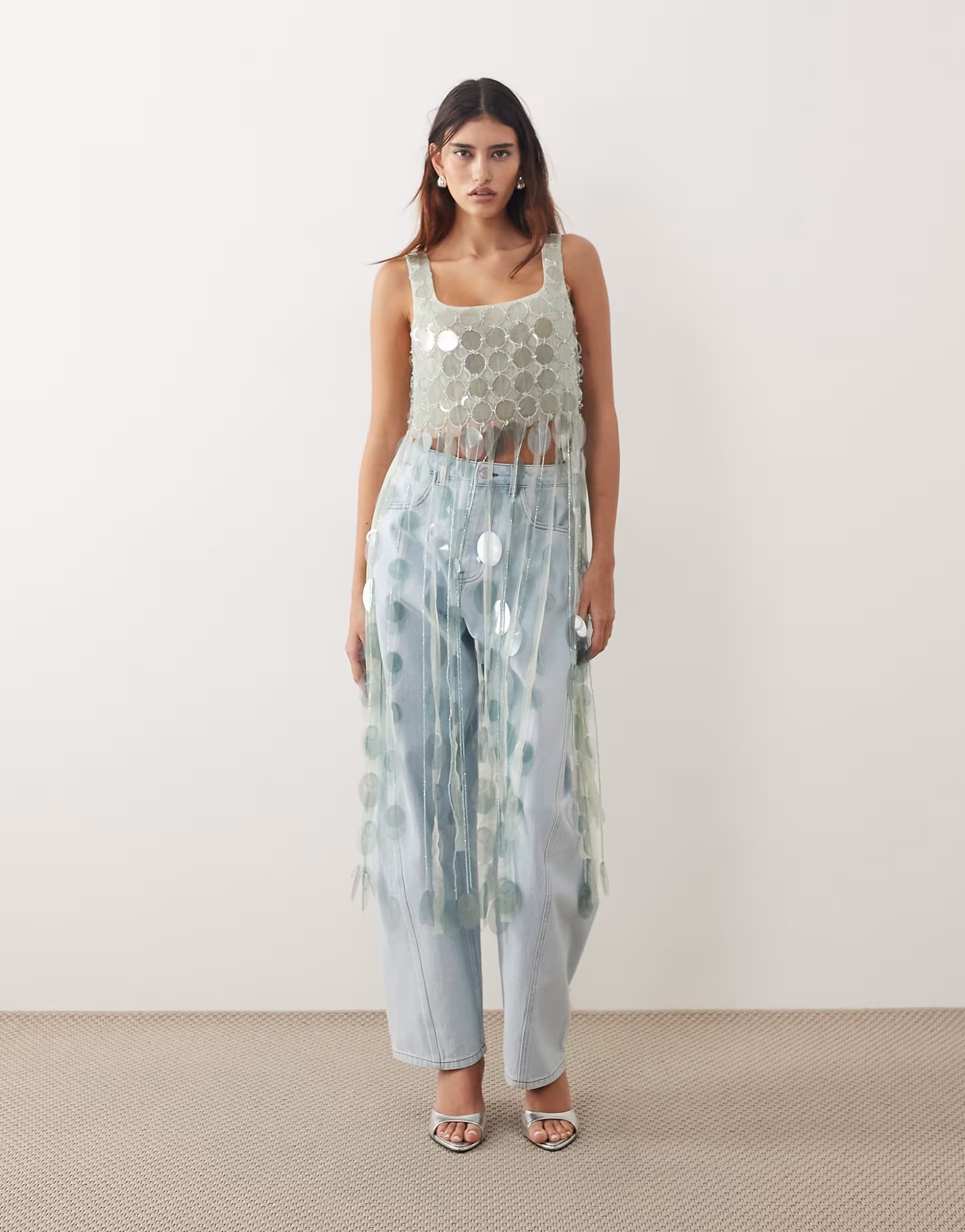 ASOS ARRANGE futurist sequin crop top with long 3D fringe hem in icy blue