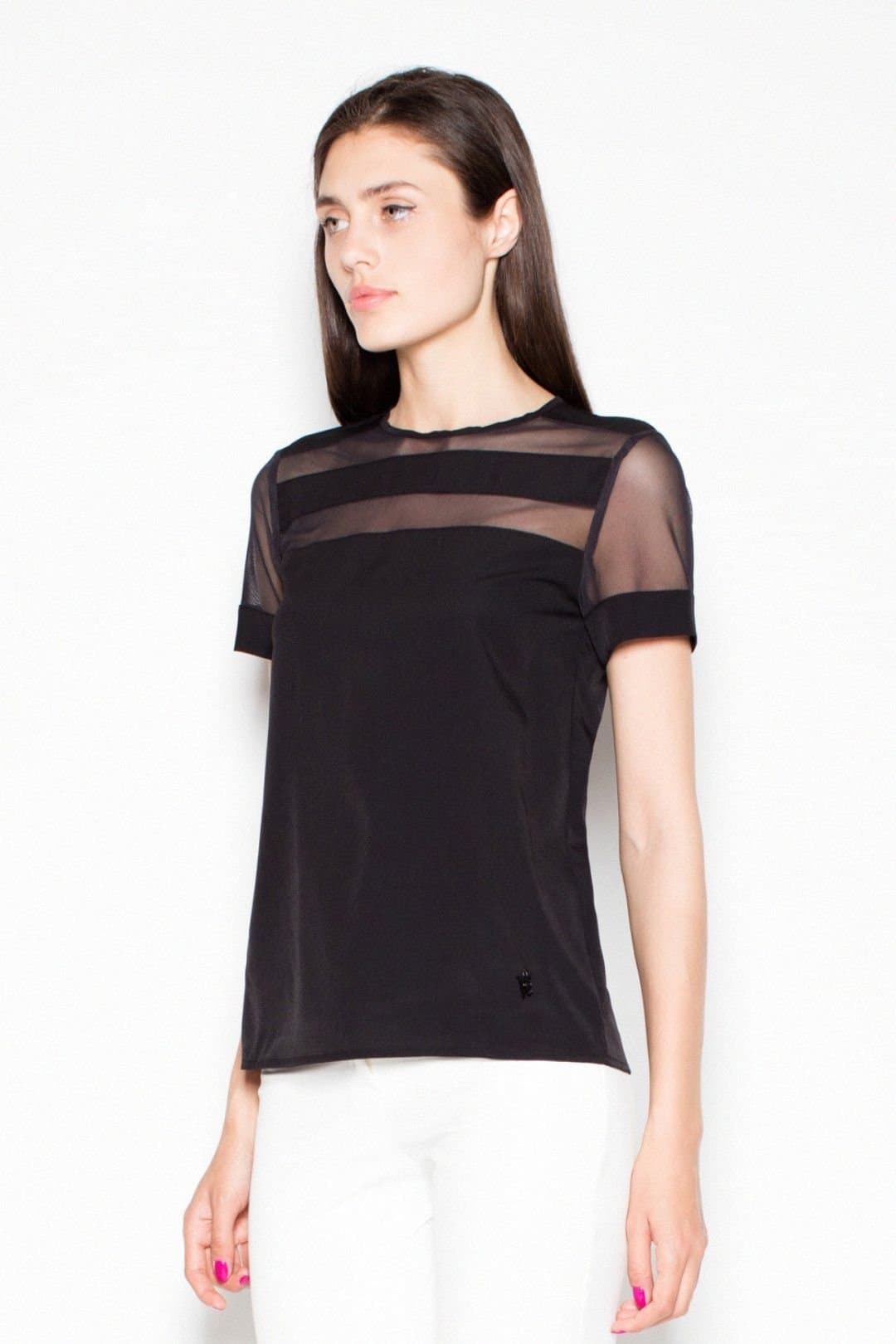 Love Lace Love Lace Women's Chic Short Sleeve Blouse with Sheer Neckline in Black