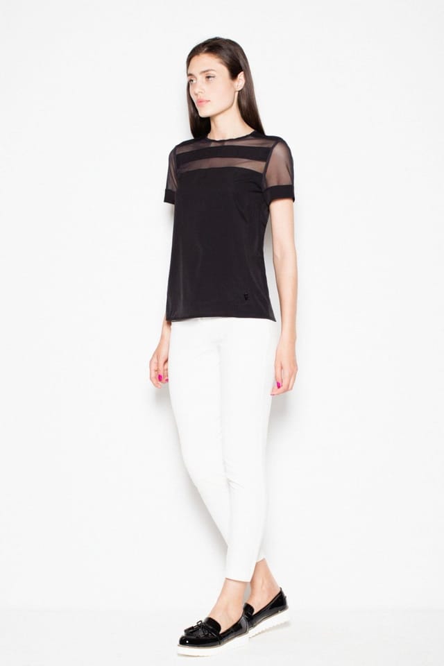 Love Lace Love Lace Women's Chic Short Sleeve Blouse with Sheer Neckline in Black - 2