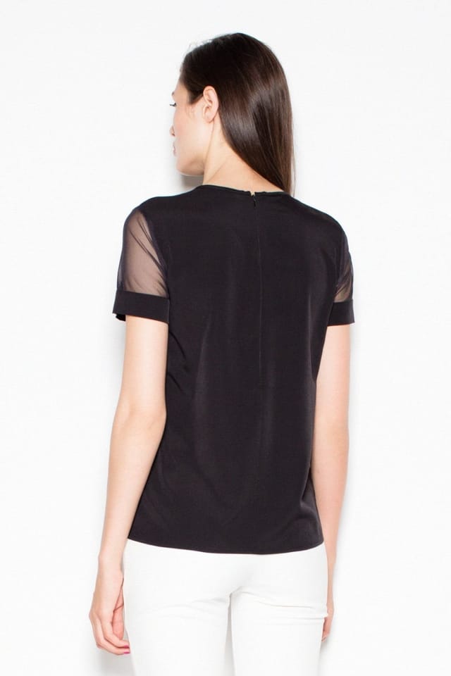 Love Lace Love Lace Women's Chic Short Sleeve Blouse with Sheer Neckline in Black - 3