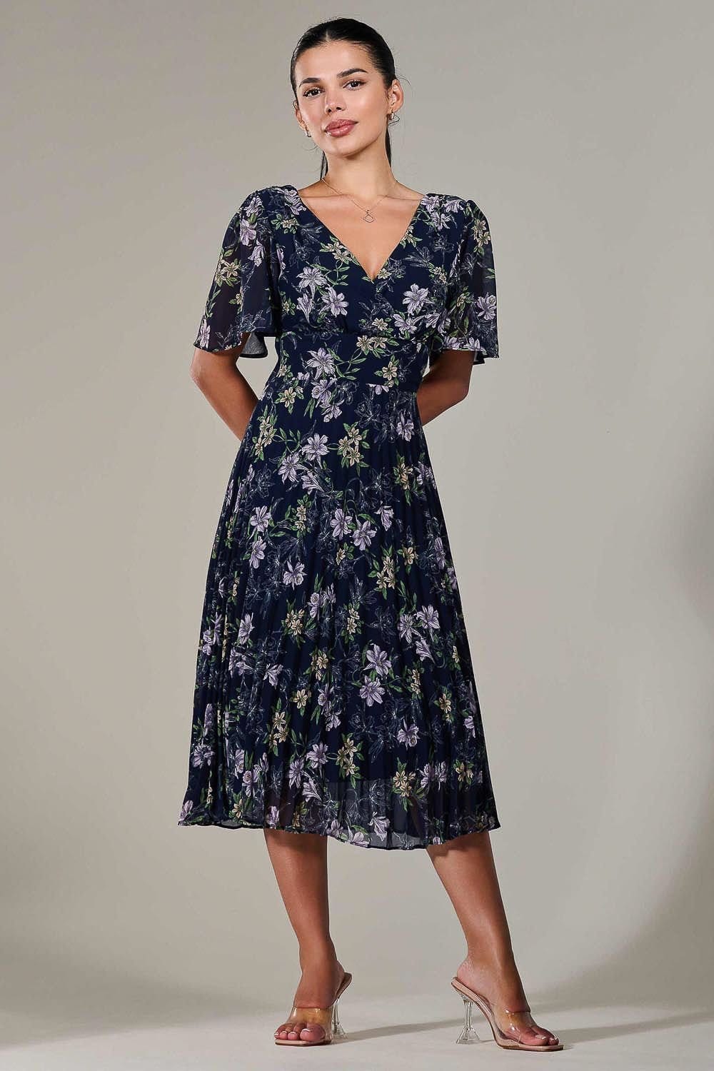 Jolie Moi Jolie Moi Women's Petite Chiffon Pleated Midaxi Dress in Navy - 4