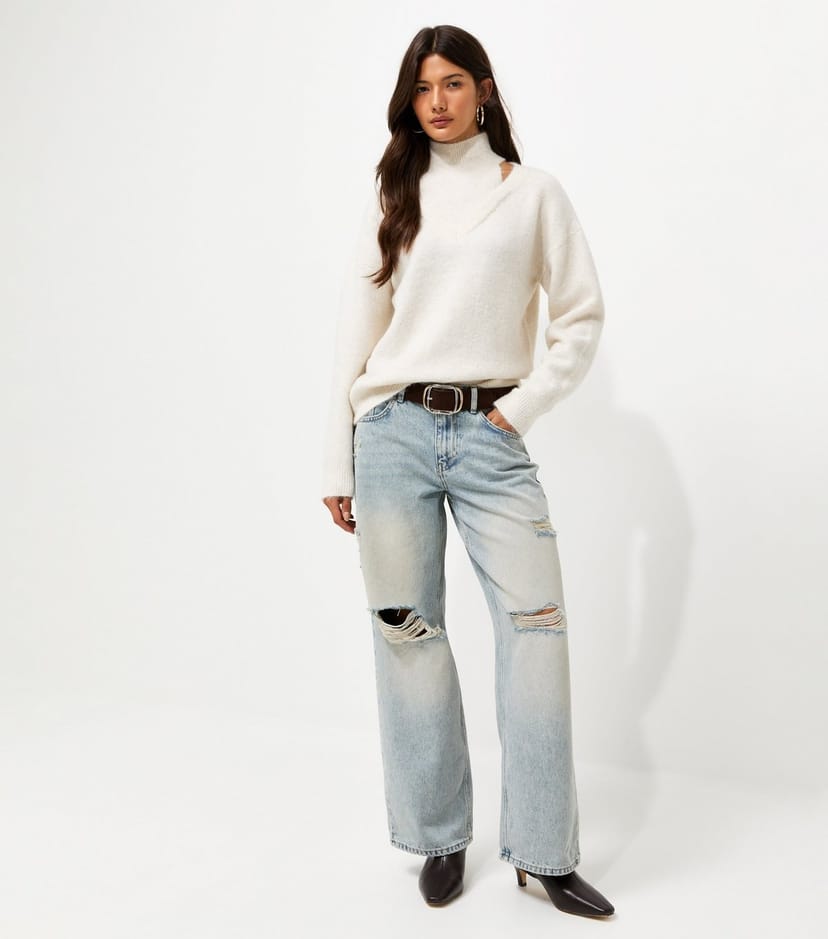 New Look Women's Blue Ripped Low Rise Baggy Wide Leg Jeans New Look - 1