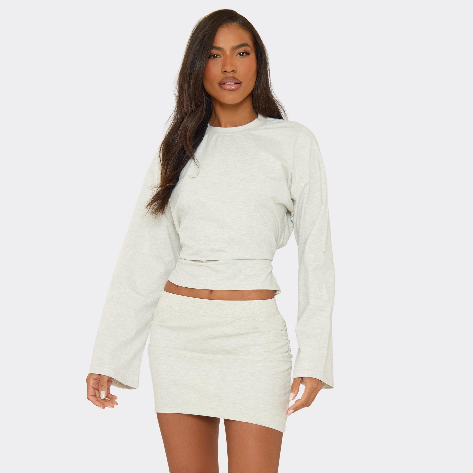 EGO Long Sleeve Tie Back Detail Boxy T-Shirt In Light Grey Marl, Women's Size UK 6