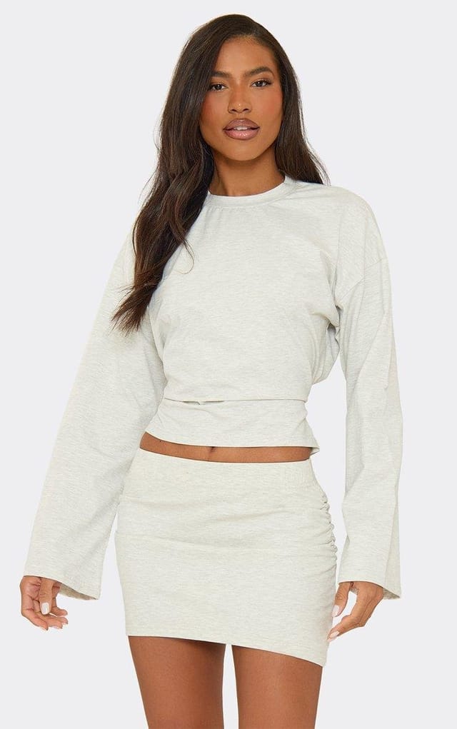 EGO Long Sleeve Tie Back Detail Boxy T-Shirt In Light Grey Marl, Women's Size UK 6 - 2