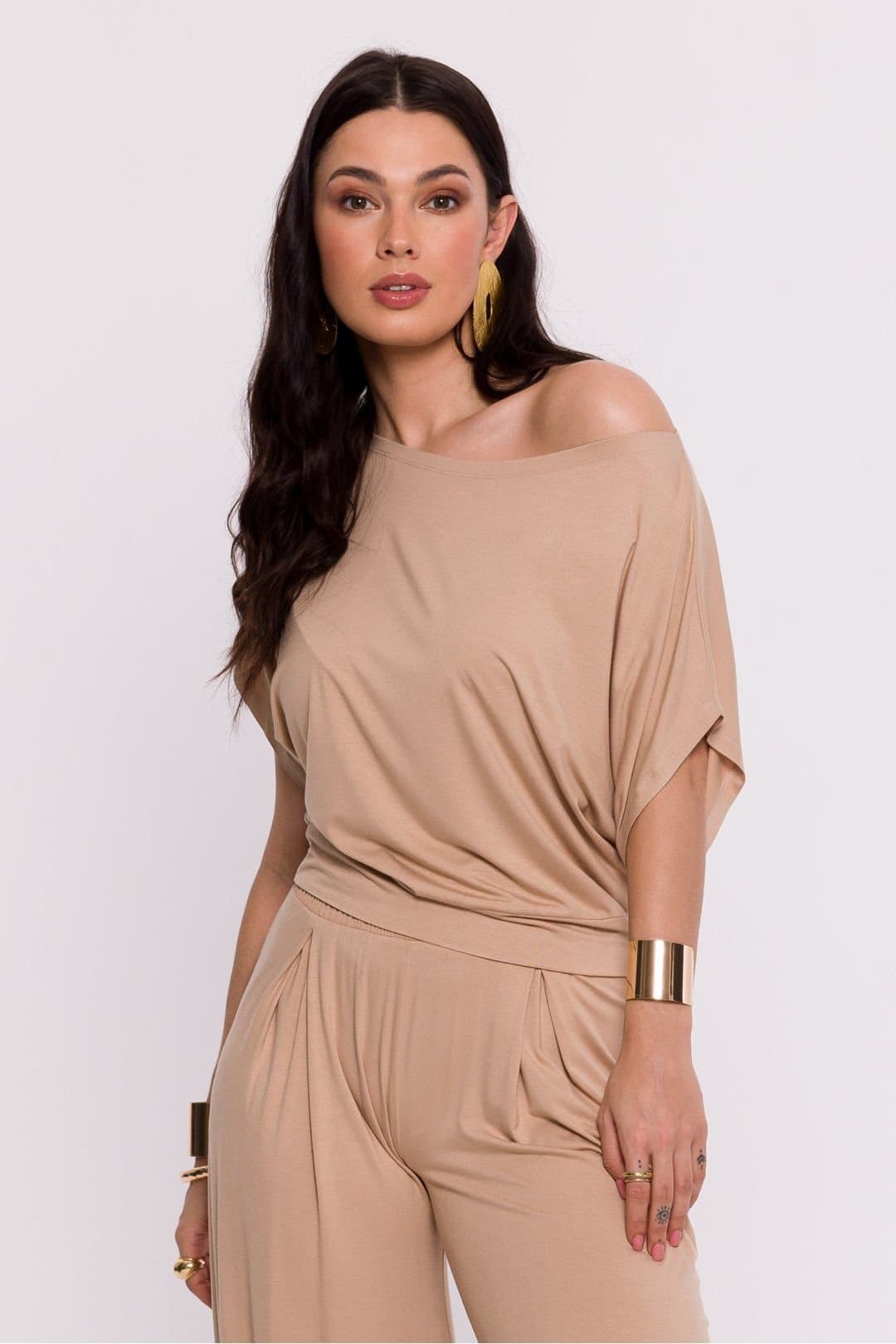 Love Lace Love Lace Women's Polish Pleated Hem Viscose Knit Blouse in Beige