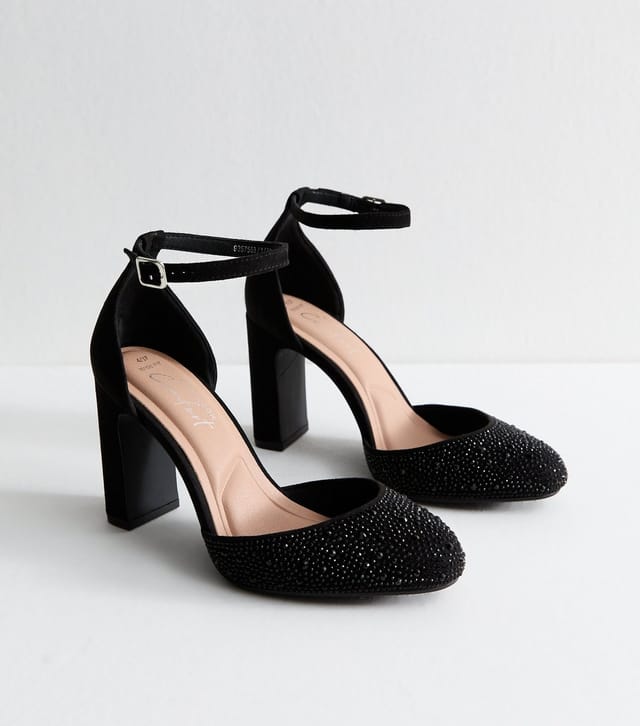 New Look Women's Wide Fit Black Faux Suede Gem Embellished Block Heels Sandals Vegan New Look - 2