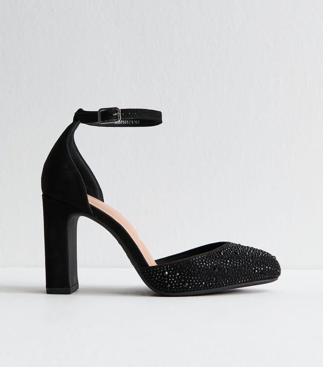 New Look Women's Wide Fit Black Faux Suede Gem Embellished Block Heels Sandals Vegan New Look - 3