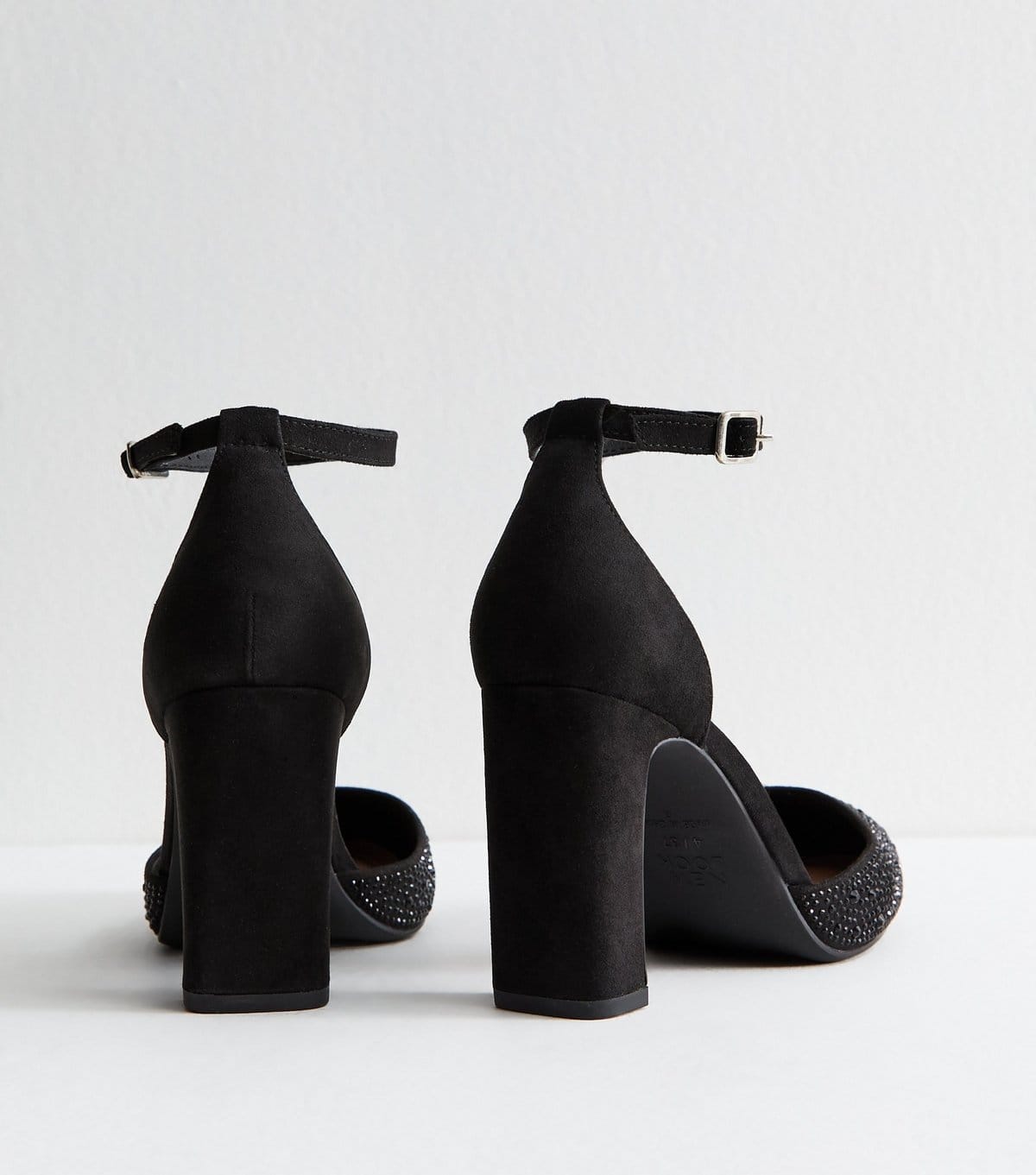 New Look Women's Wide Fit Black Faux Suede Gem Embellished Block Heels Sandals Vegan New Look - 4