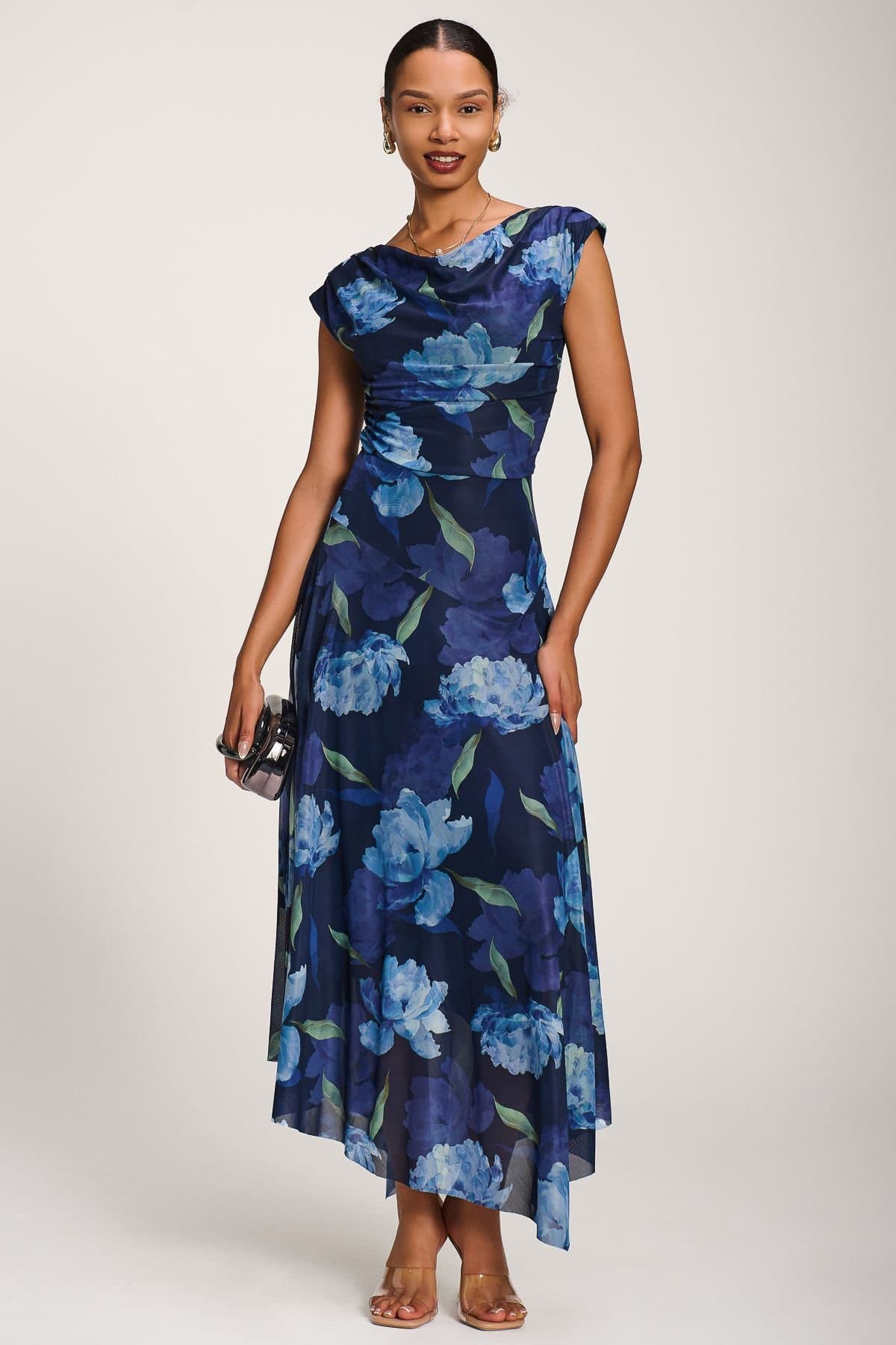 Jolie Moi Jolie Moi Women's Asymmetrical Draped Mesh Maxi Dress in Navy