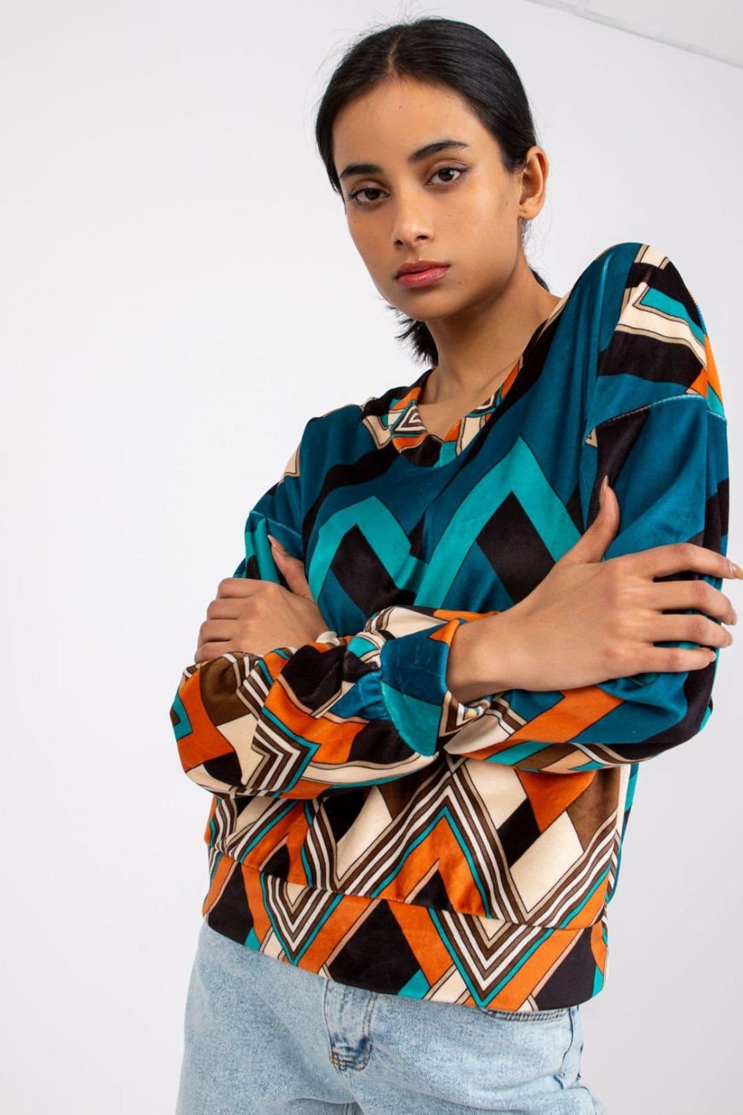 Love Lace Love Lace Women's Long Sleeve Velour Blouse With Pattern in Teal