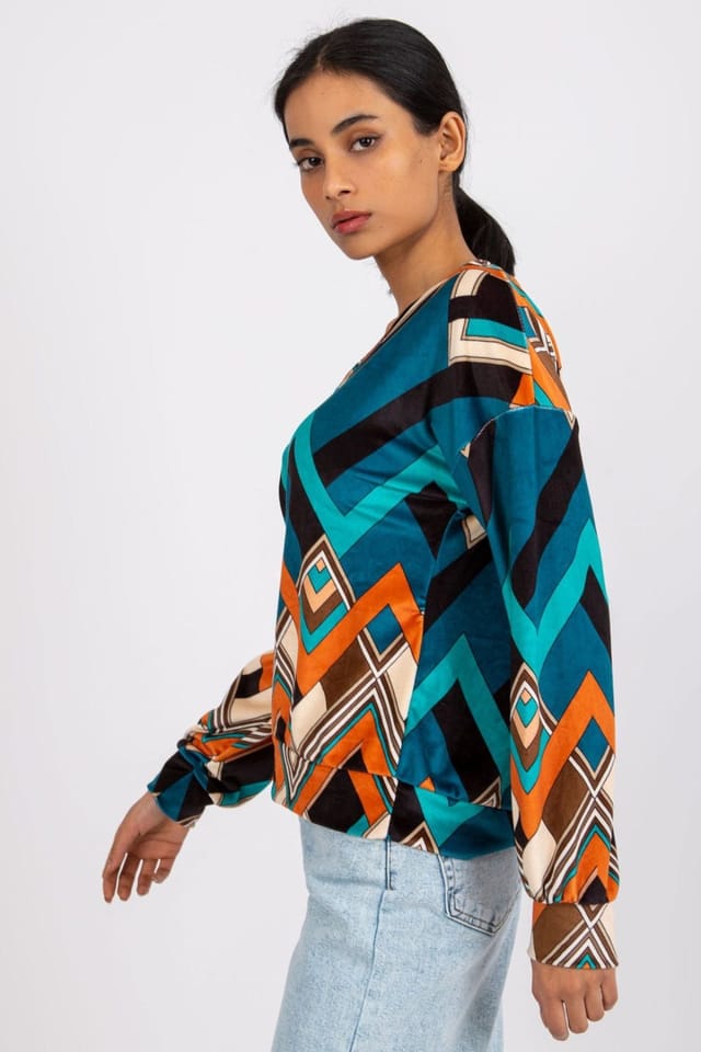 Love Lace Love Lace Women's Long Sleeve Velour Blouse With Pattern in Teal - 2
