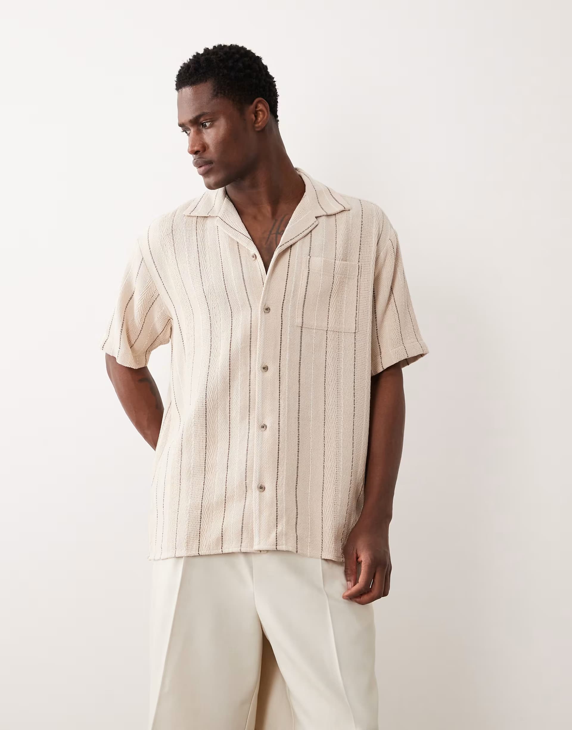 ASOS Jack & Jones striped shirt in short sleeve in cream