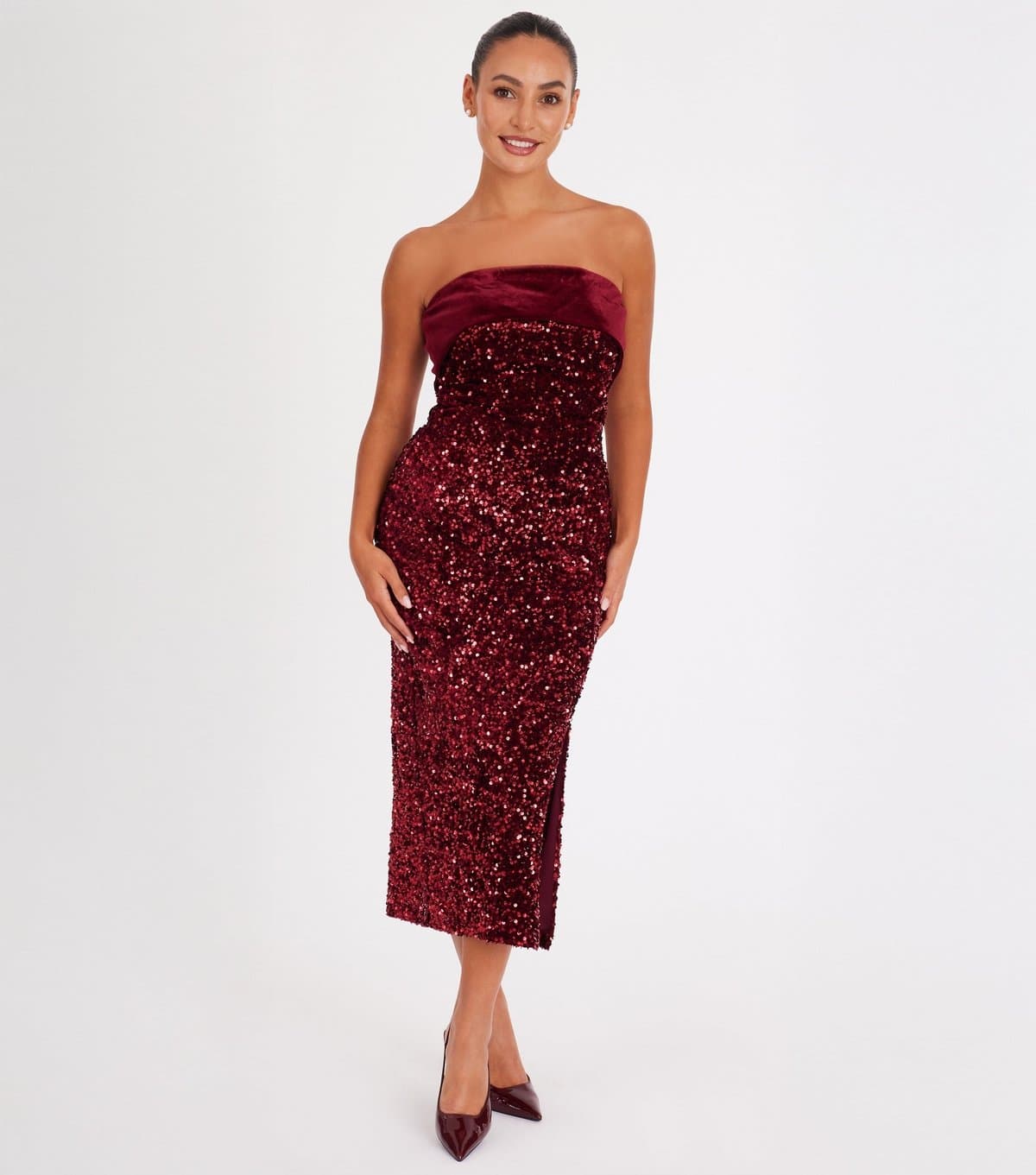 Quiz Women's Petite Dark Red Velvet Sequin Midaxi Dress Quiz New Look