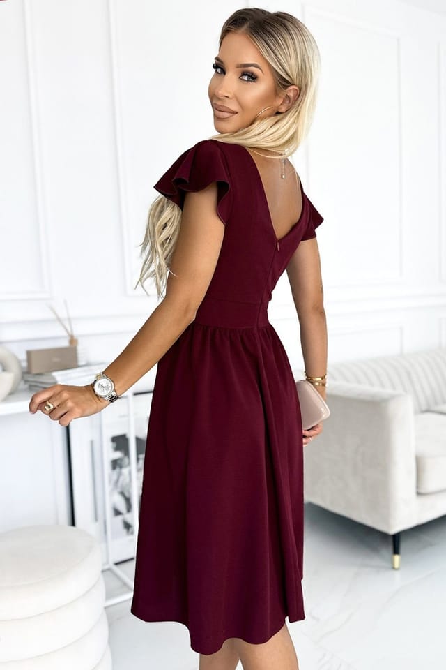 Love Lace Love Lace Women's Flared Evening Dress with Envelope Neckline in Burgundy - 3