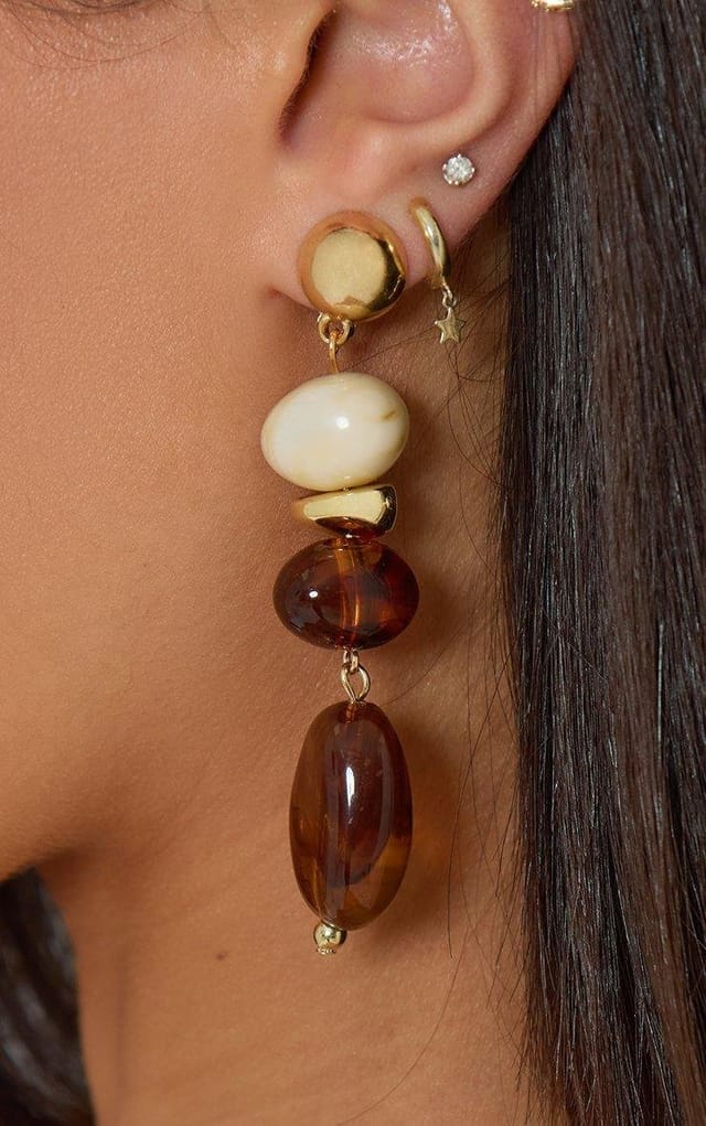 EGO Stone Detail Stud Drop Earring In Cream And Brown, Women's Size UK 0 - 2