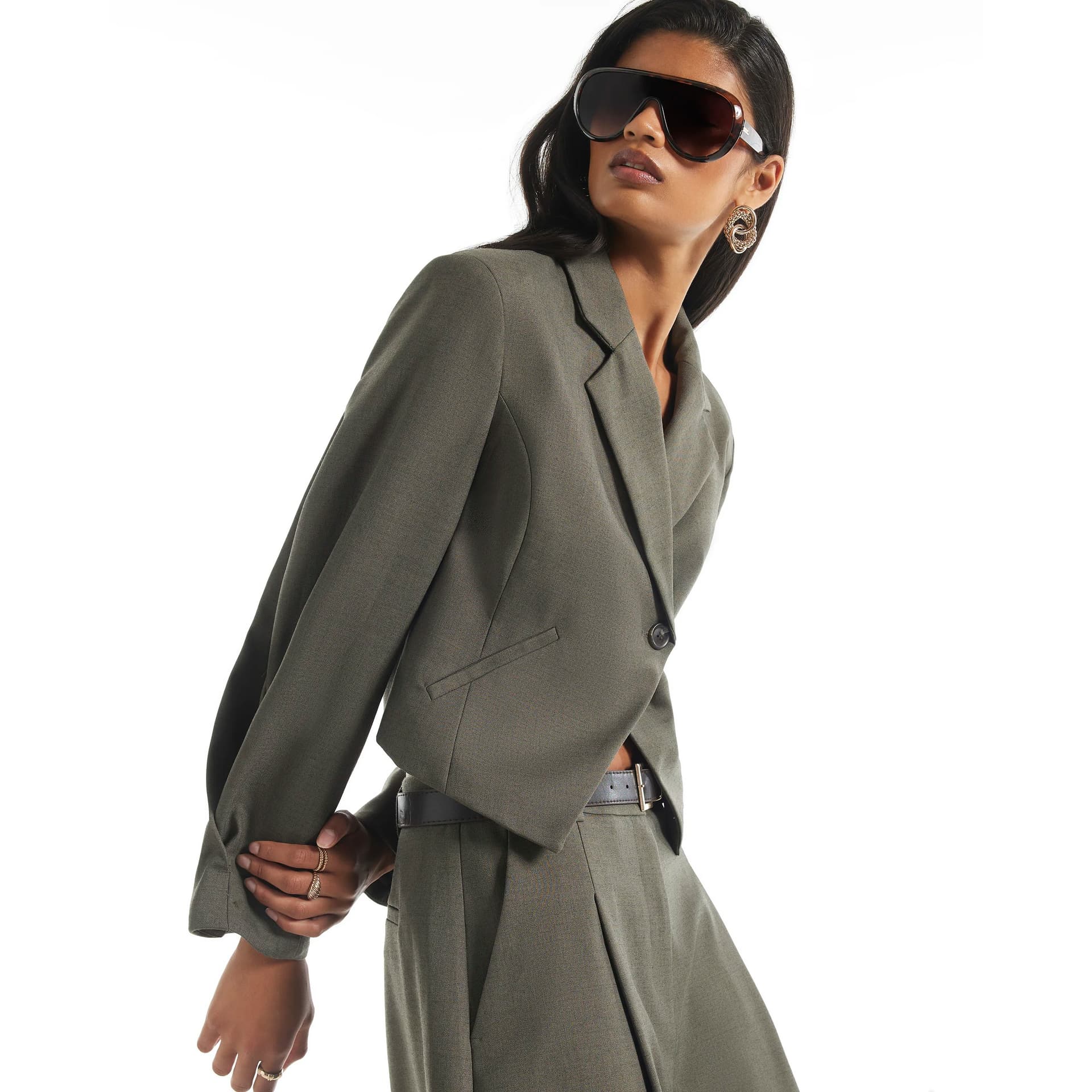 River Island River Island Womens Khaki Pleated Cuff Crop Blazer