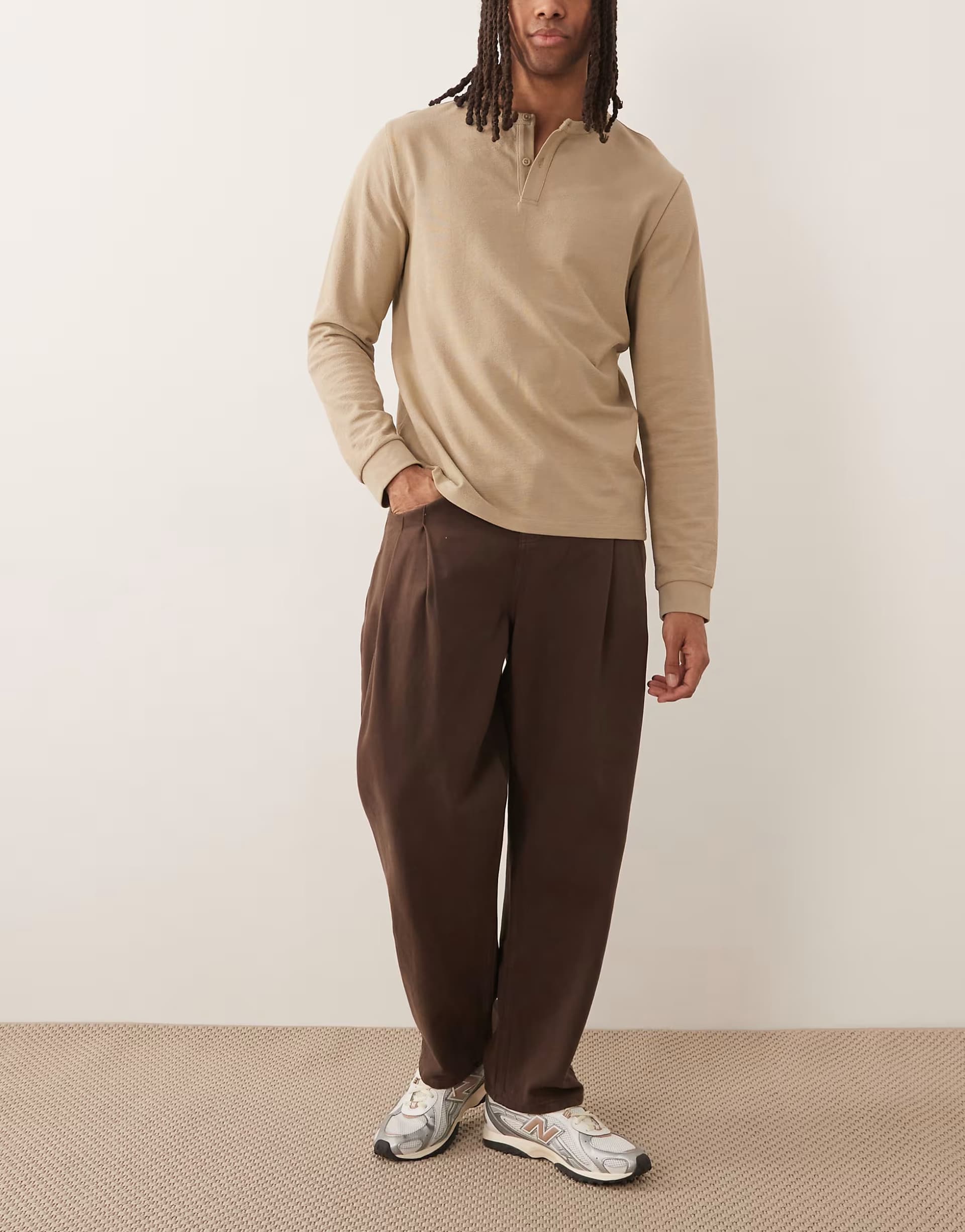 ASOS ASOS DESIGN relaxed tapered trousers in brown with double pleat
