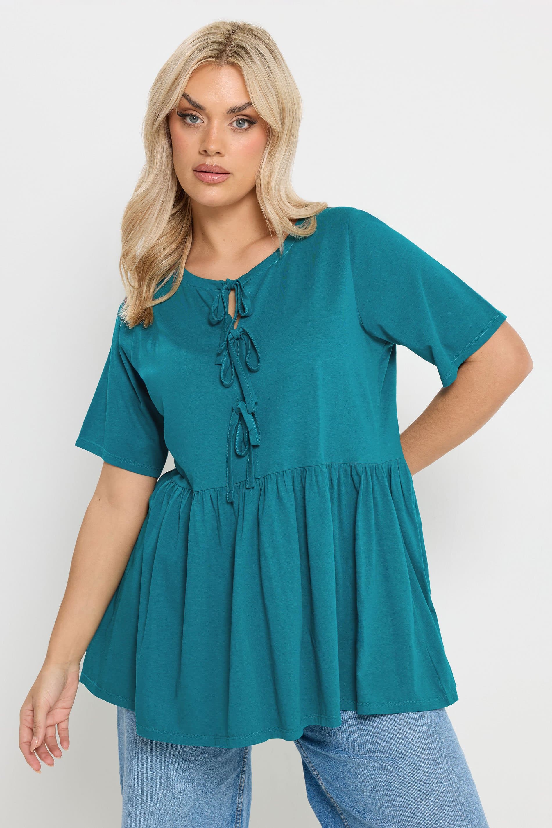 Yours Plus Size Teal Blue Bow Tie Front Peplum Top