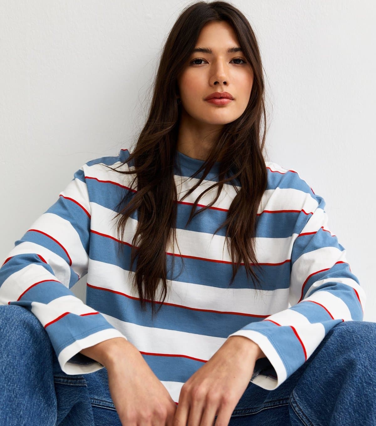 New Look Women's Blue Striped Long Sleeve Skater T-Shirt New Look