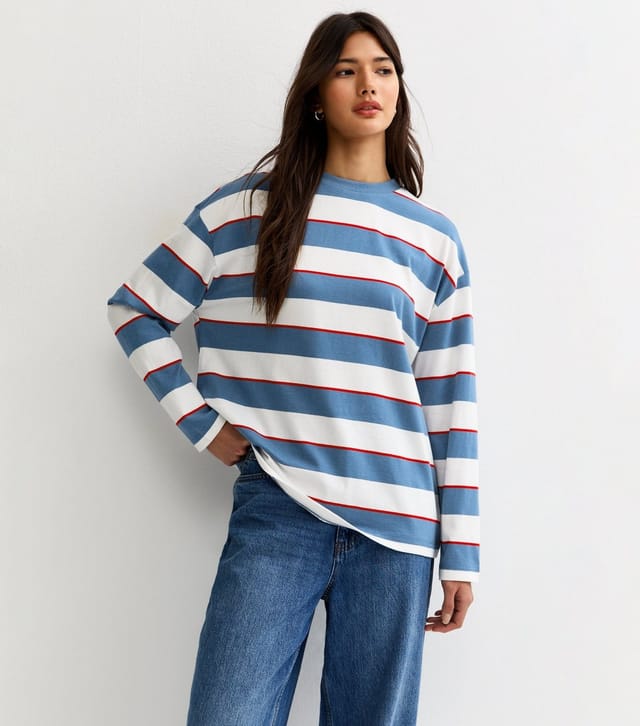 New Look Women's Blue Striped Long Sleeve Skater T-Shirt New Look - 2