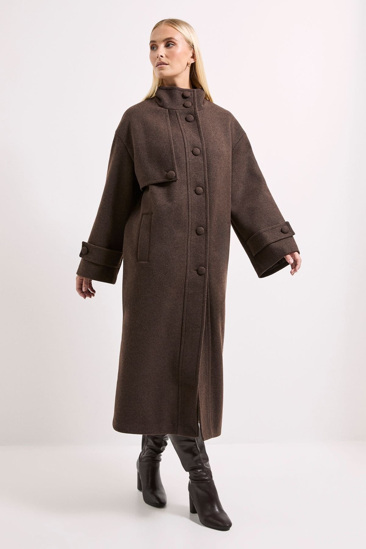 Wallis Wallis Women's Principles by Funnel Neck Button Coat in Chocolate - 4