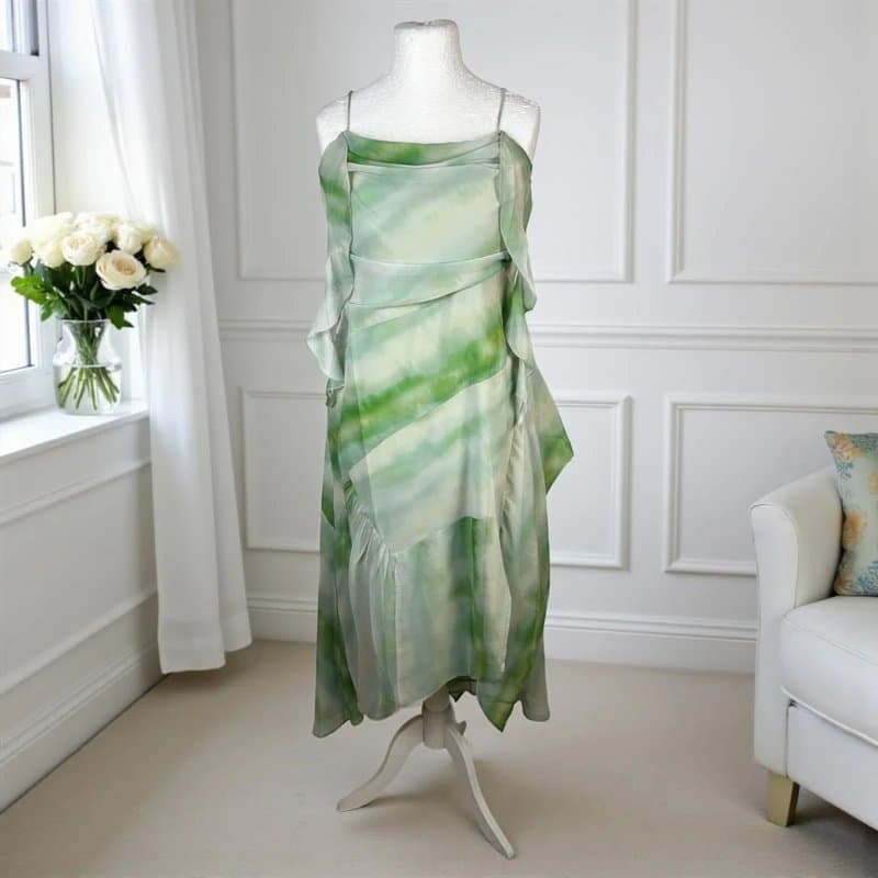 ASOS Design UK 16 ASOS Chiffon Cowl Neck Layered Midi Dress Side Split Green Ethereal