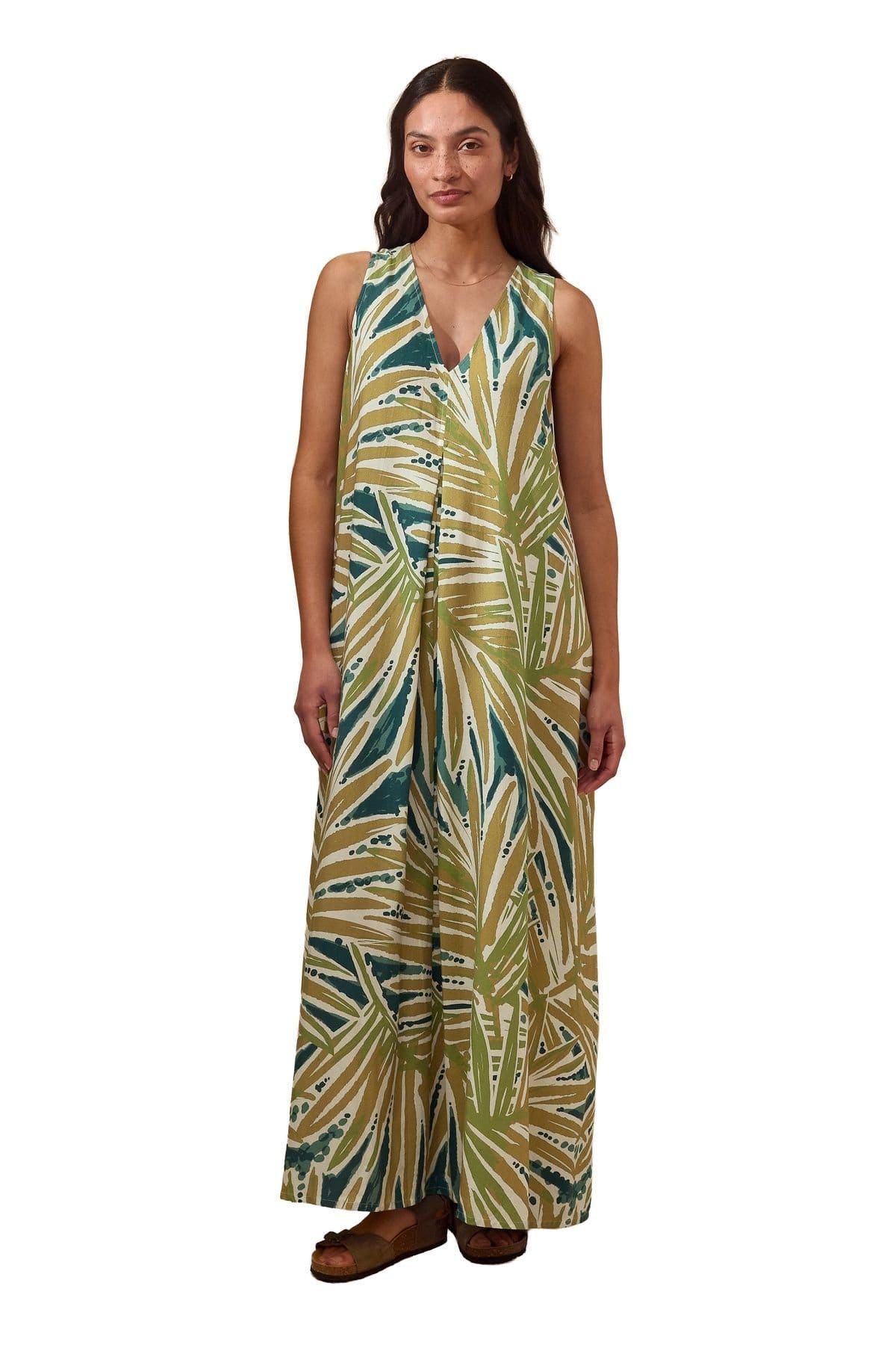 Celtic & Co Khaki Linen V-Neck Sleeveless Maxi Dress
