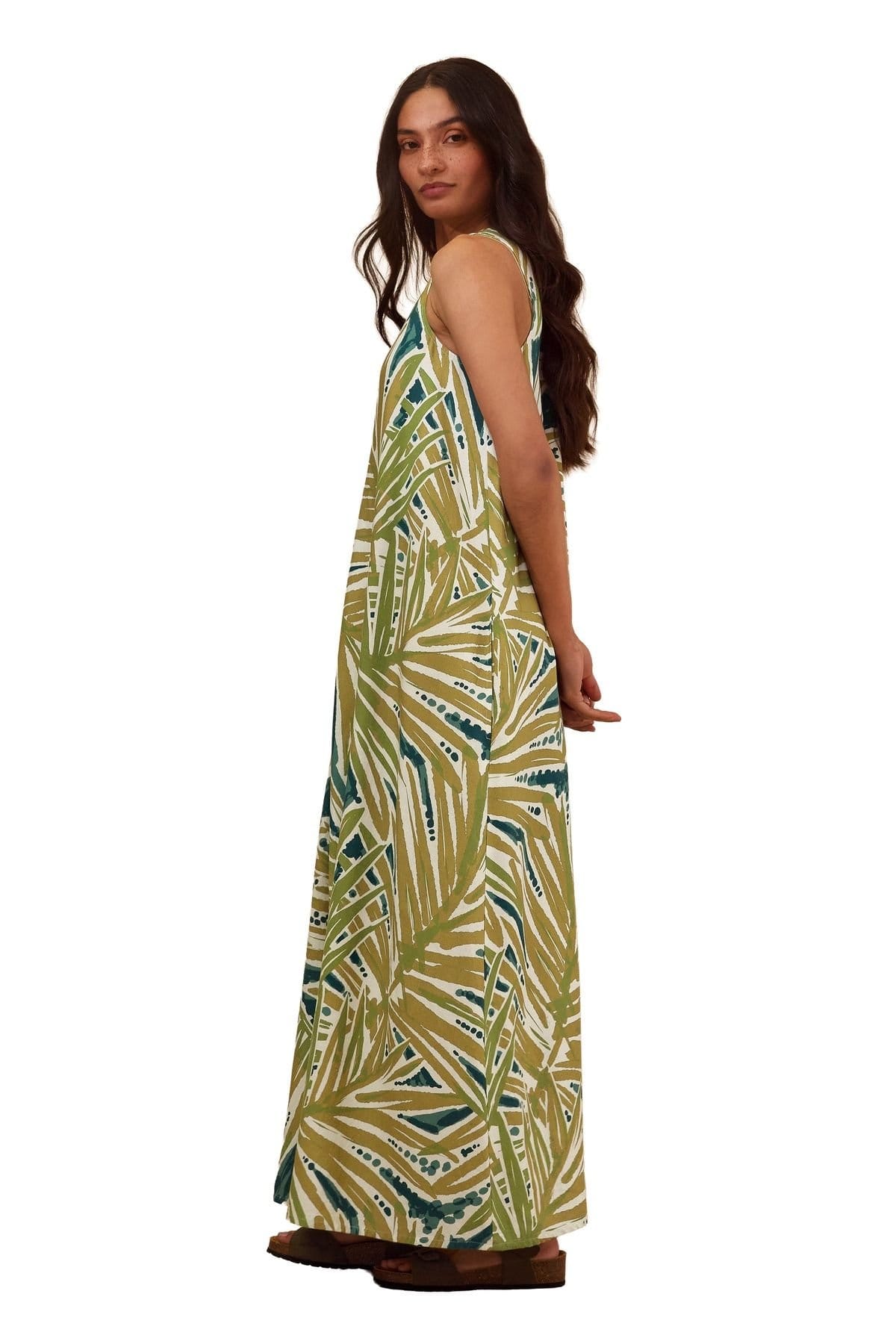 Celtic & Co Celtic & Co Women's Sleeveless V-Neck Linen Maxi Dress in Khaki - 4