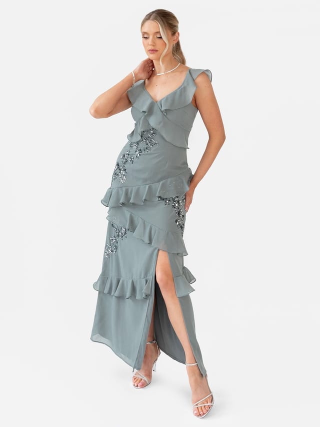 Maya Deluxe Maya Deluxe Women's Embellished Strappy Ruffle Maxi Dress in Teal - 2