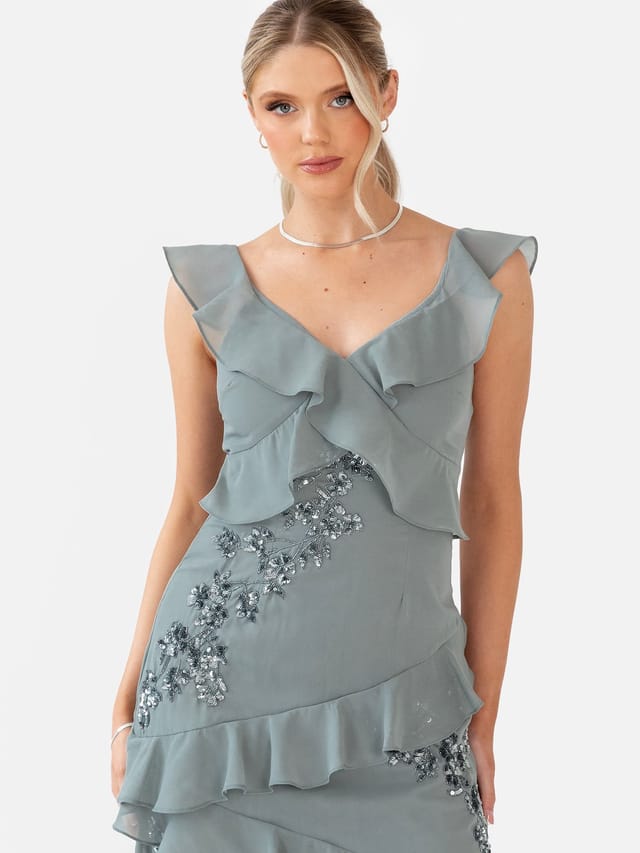 Maya Deluxe Maya Deluxe Women's Embellished Strappy Ruffle Maxi Dress in Teal - 3