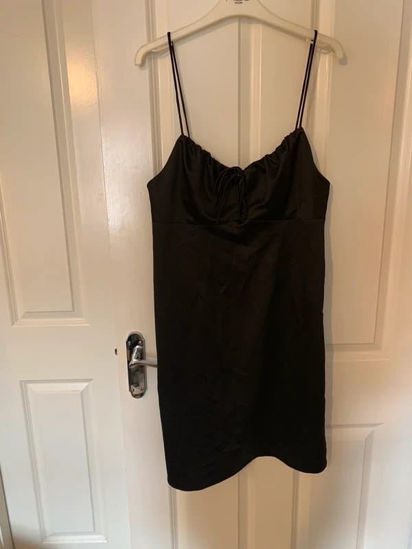 Topshop Lovely Topshop black silk satin mini dress with zip back and ruffle detail size 14