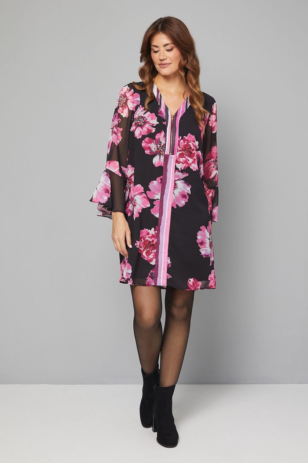 Wallis Black Floral Print Shift Dress with Zip Front
